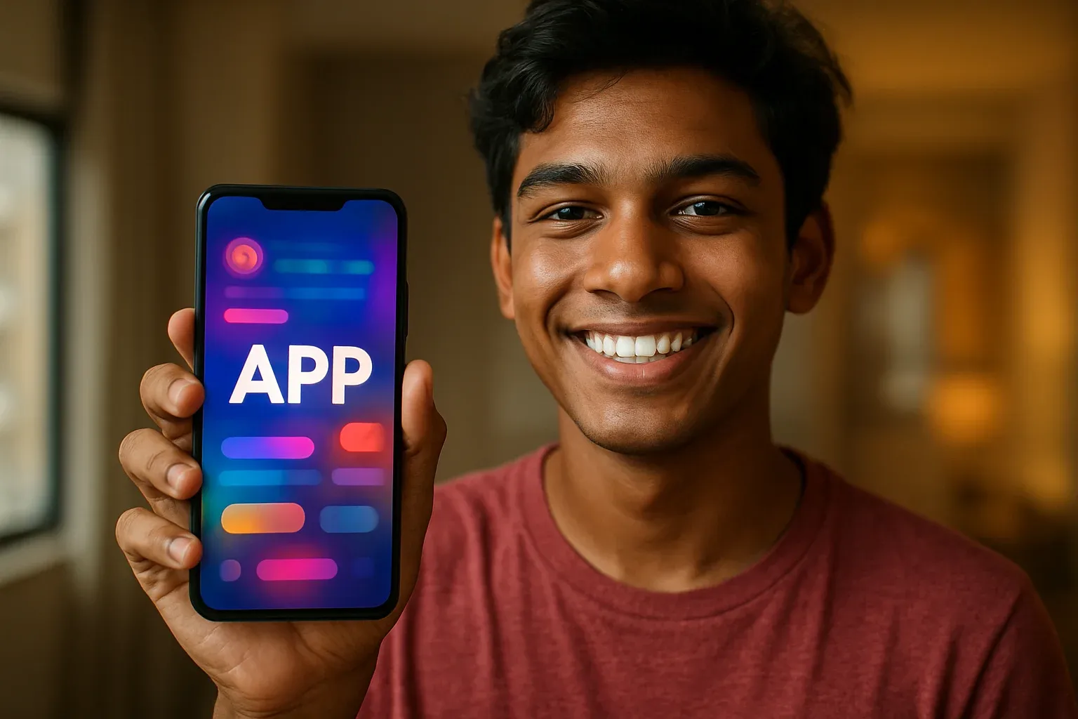 Smiling young Bangladeshi man holding smartphone with colorful gaming app screen