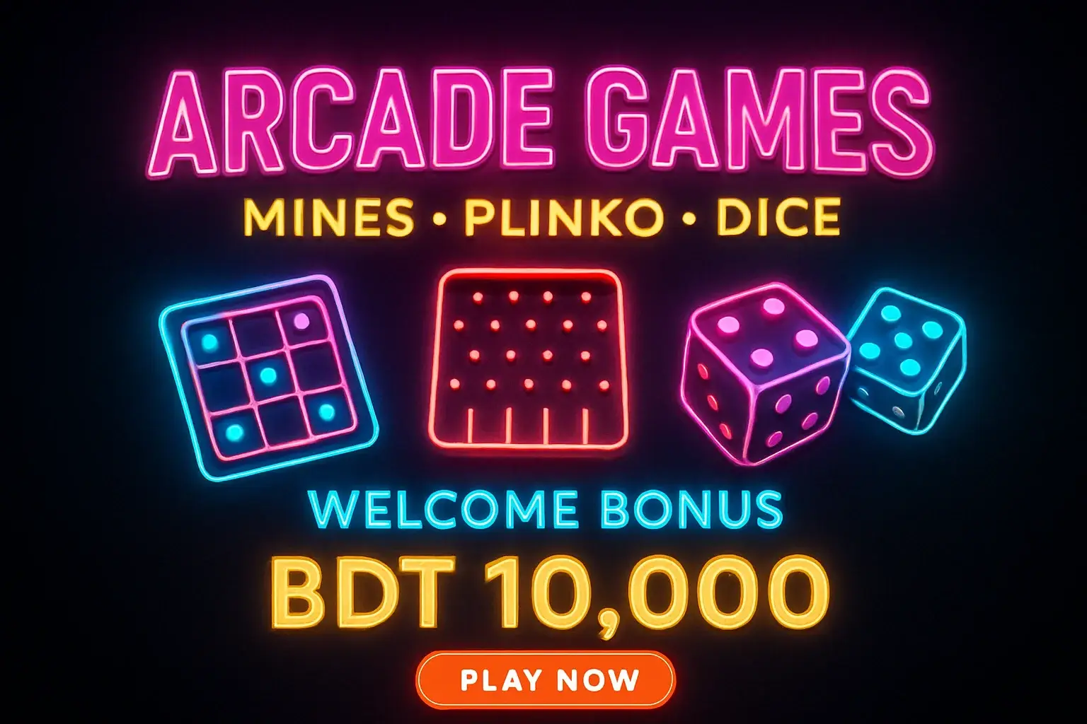 Neon arcade games banner with mines, plinko, dice, and play button