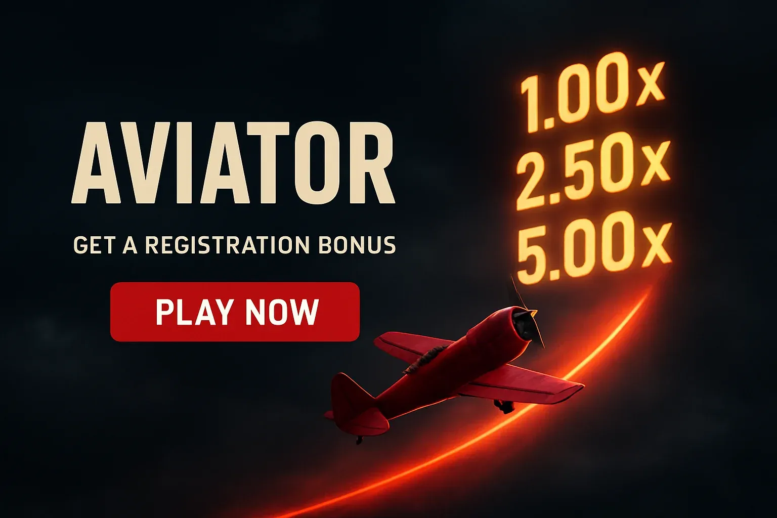 Aviator crash game banner with red plane, multipliers, and play button