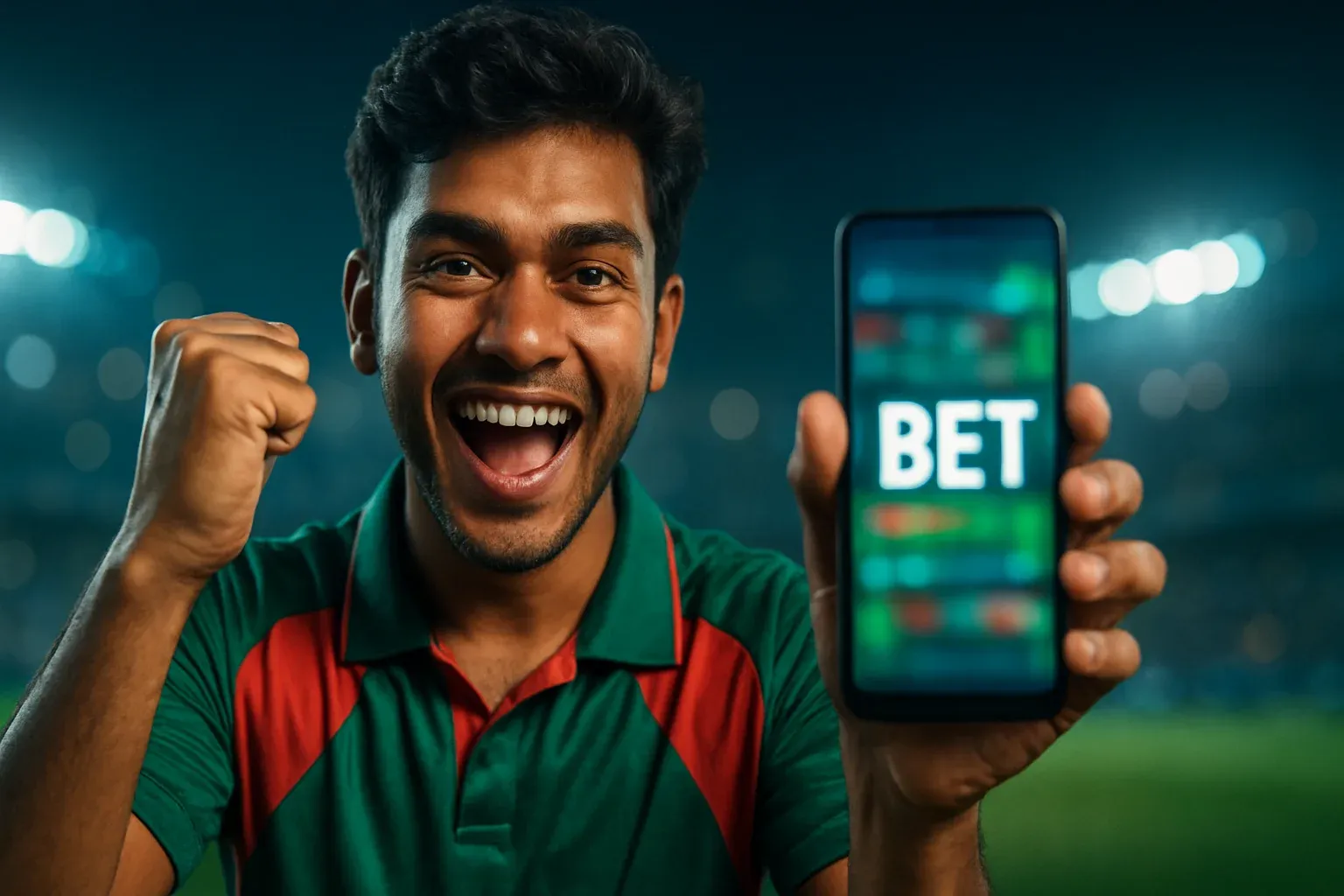Excited Bangladeshi man holding smartphone with sports betting screen and cheering