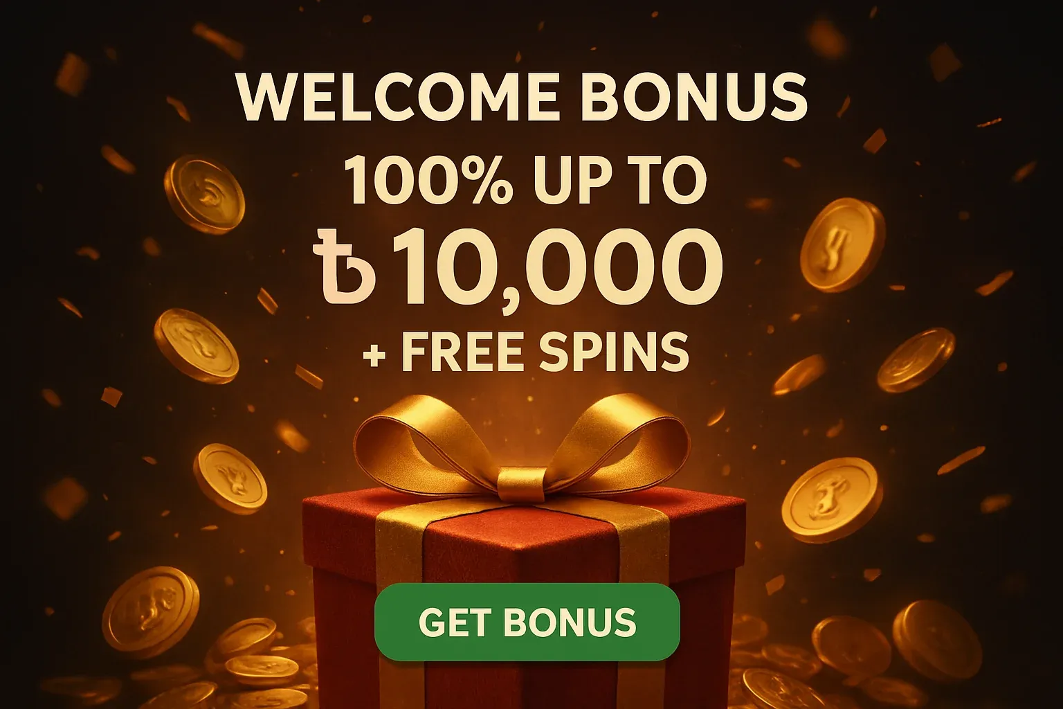 Casino welcome bonus banner with gift box, coins, confetti, and CTA