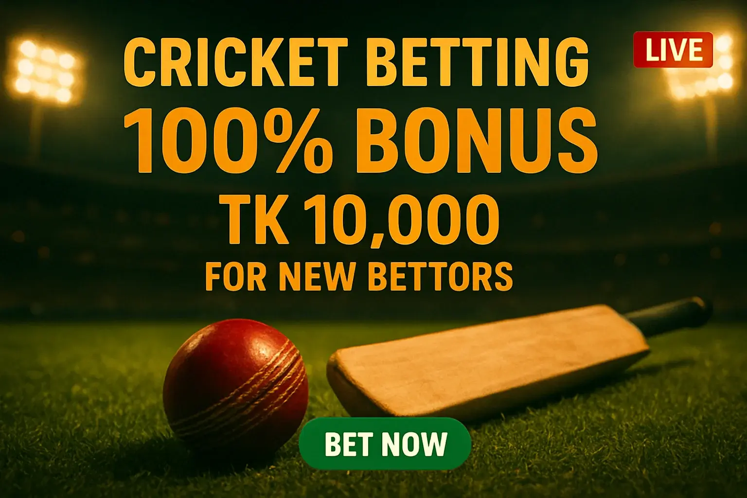 Cricket betting banner with stadium, bat, ball, live badge, bonus offer