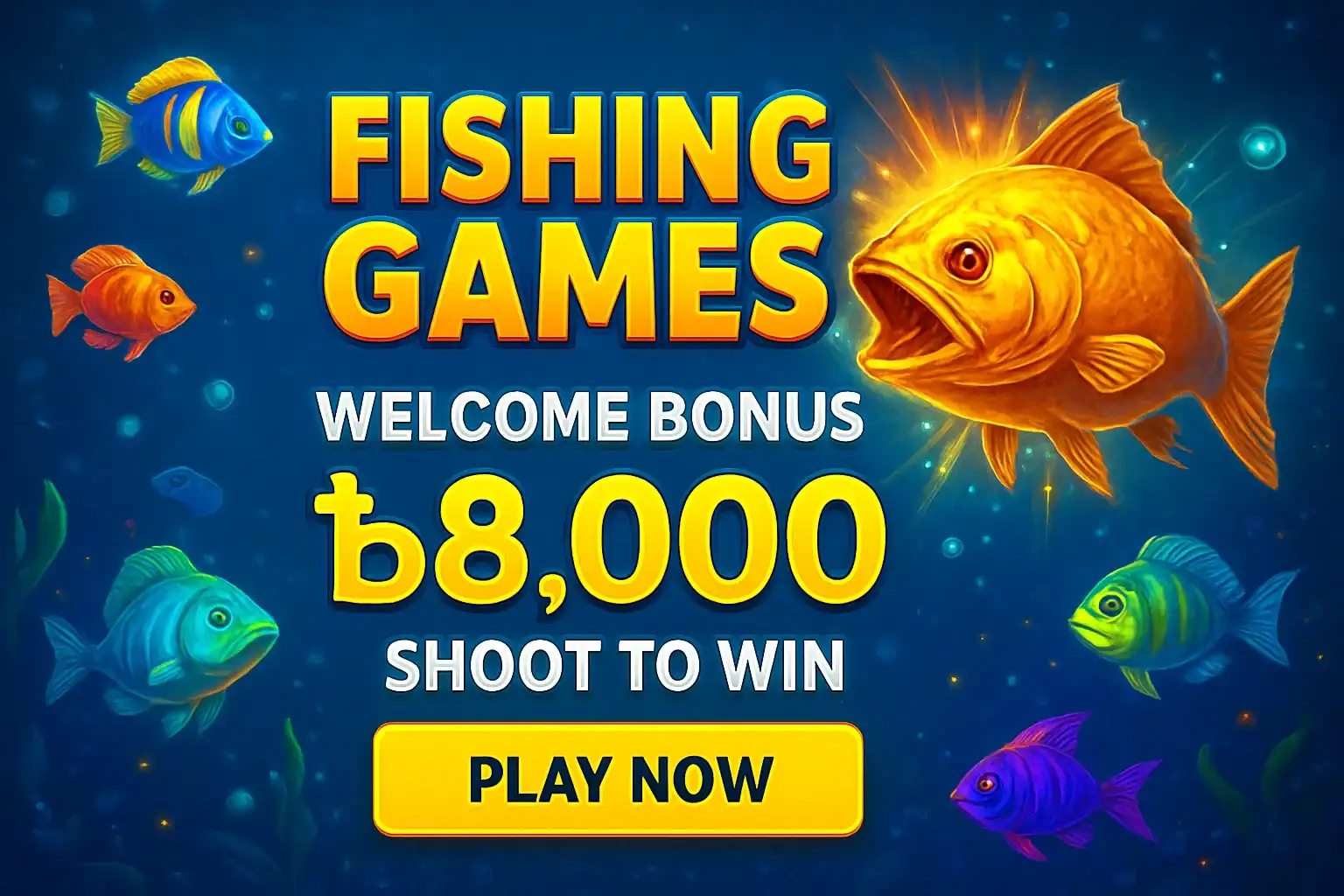 Fishing arcade banner with boss fish, bonus offer, and play button