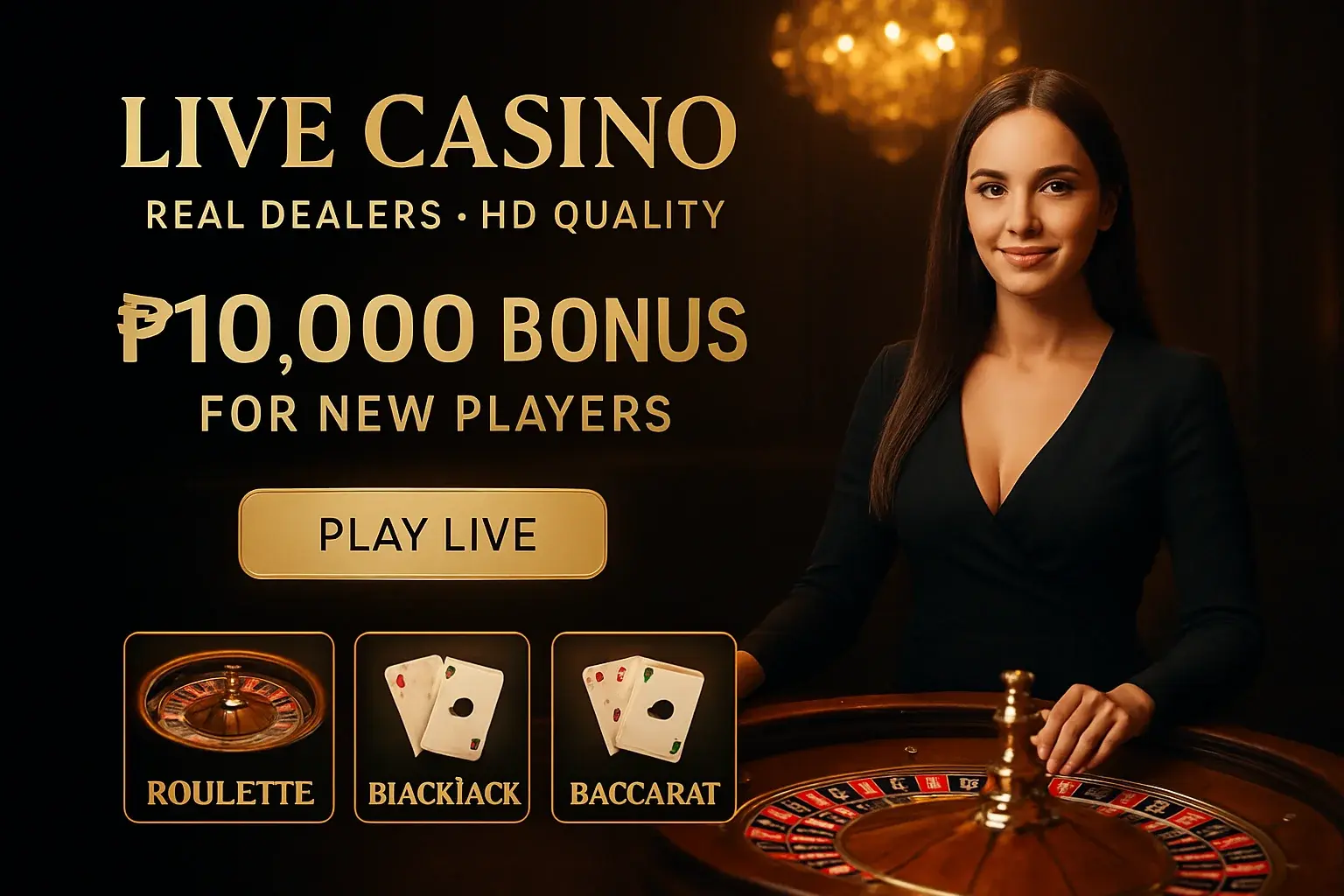 Luxurious live casino banner with female dealer, roulette, Bangladesh bonus offer