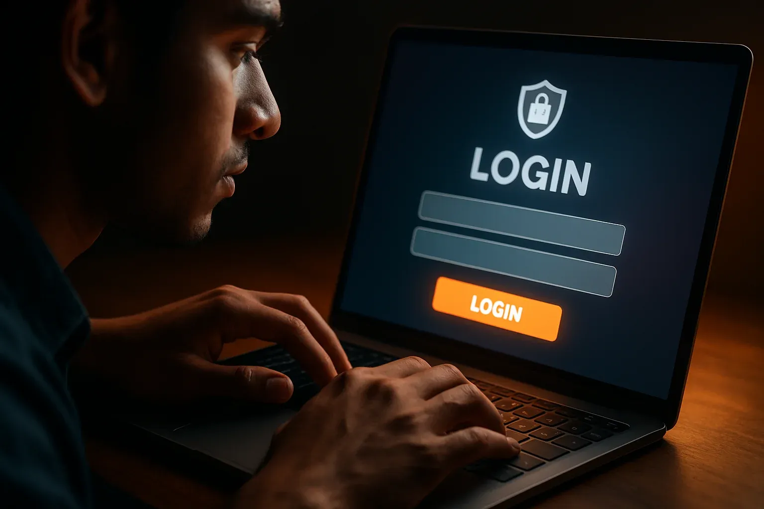 Young Bangladeshi man's hands on laptop showing glowing LOGIN screen
