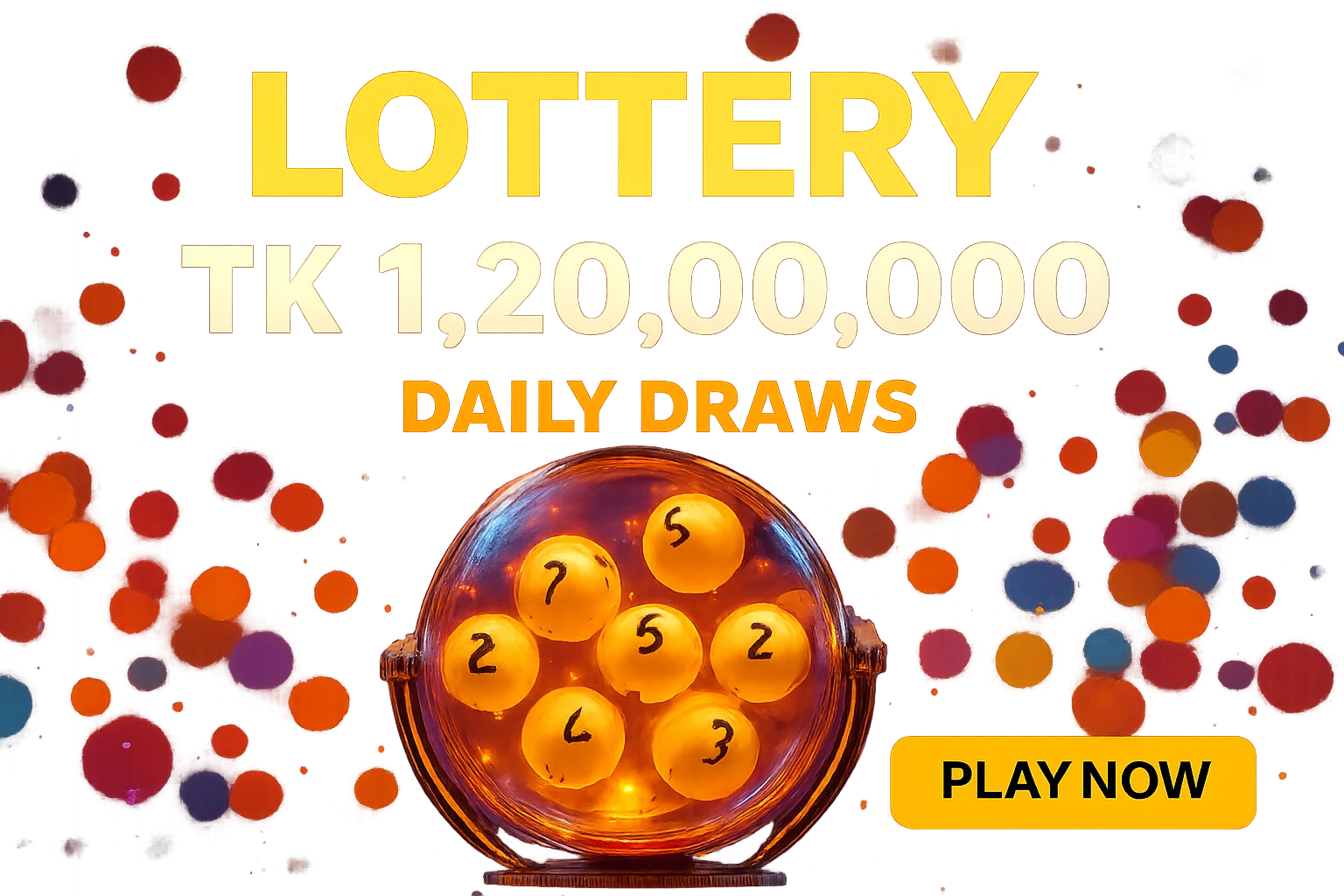 Festive lottery banner with glowing golden balls and transparent draw machine