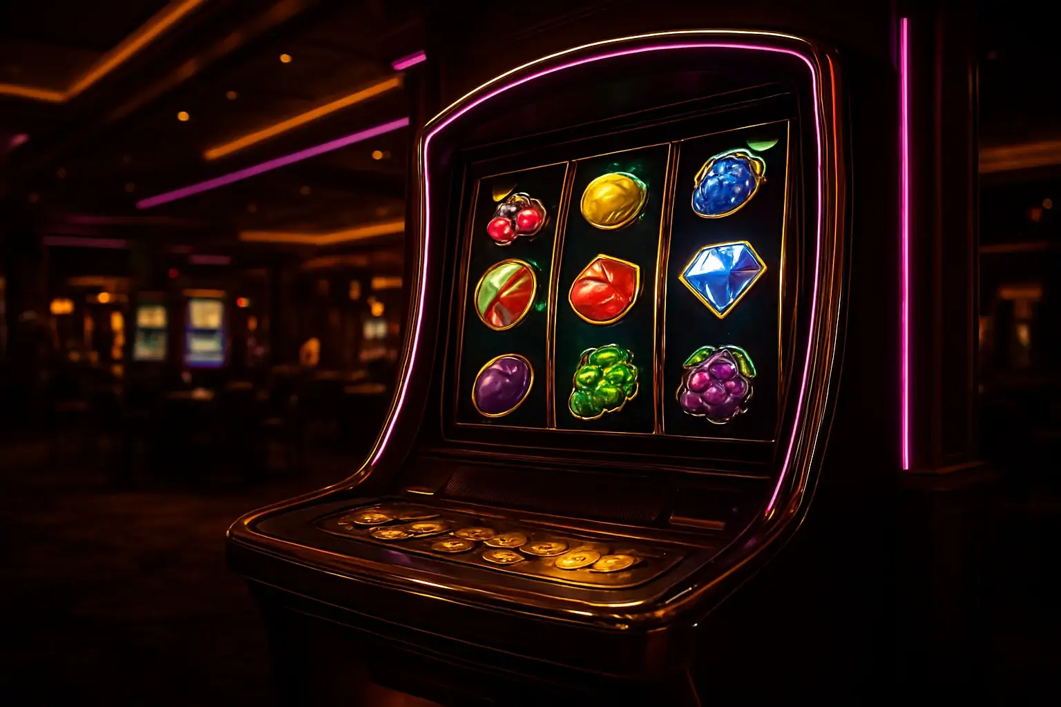 Premium slot machine with three reels in a dark luxury casino